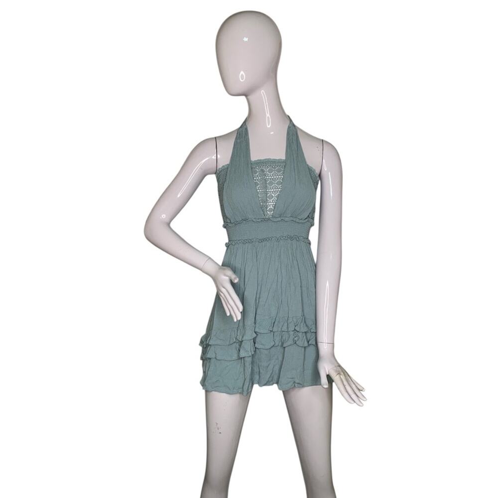 Forever 21 NWOT Adjustable Halter Ties Mini Dress Lace V-Neck Sage Green Size S